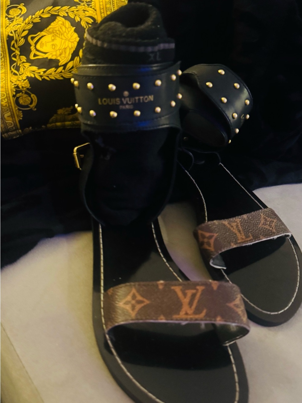 Louis Vuitton Monogram Ankle-Strap Sandals in Brown with Gold Studs - Picture 2 of 2